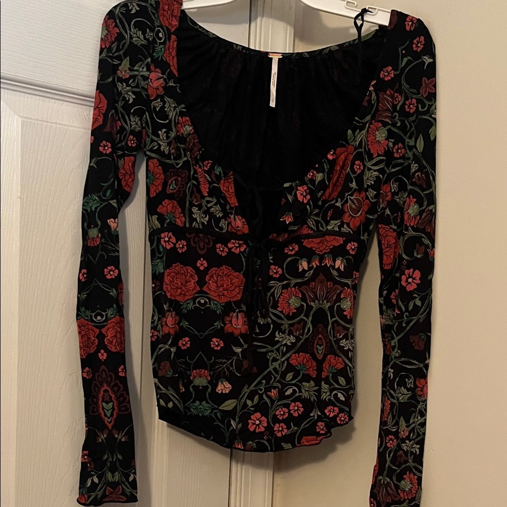 Free People Make it Easy Midnight Combo Long Sleeve Black and Red Floral Blouse